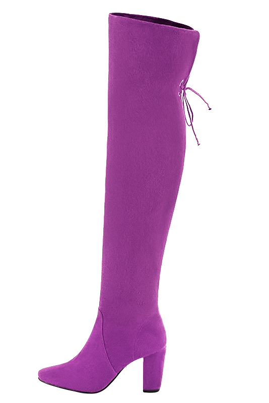Mauve purple women's leather thigh-high boots. Round toe. High block heels. Made to measure. Profile view - Florence KOOIJMAN